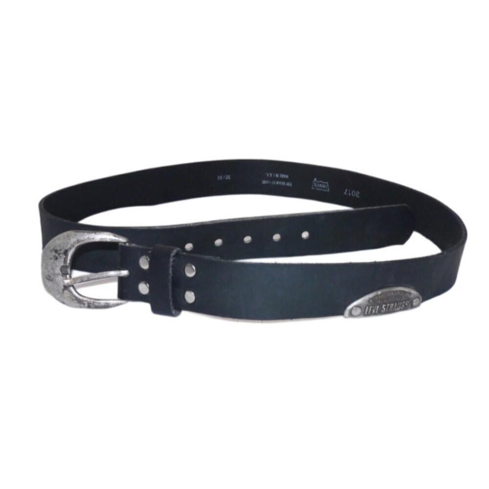 LEVIS STRAUSS black leather belt 1.25" wide distressed silver buckle Size 38